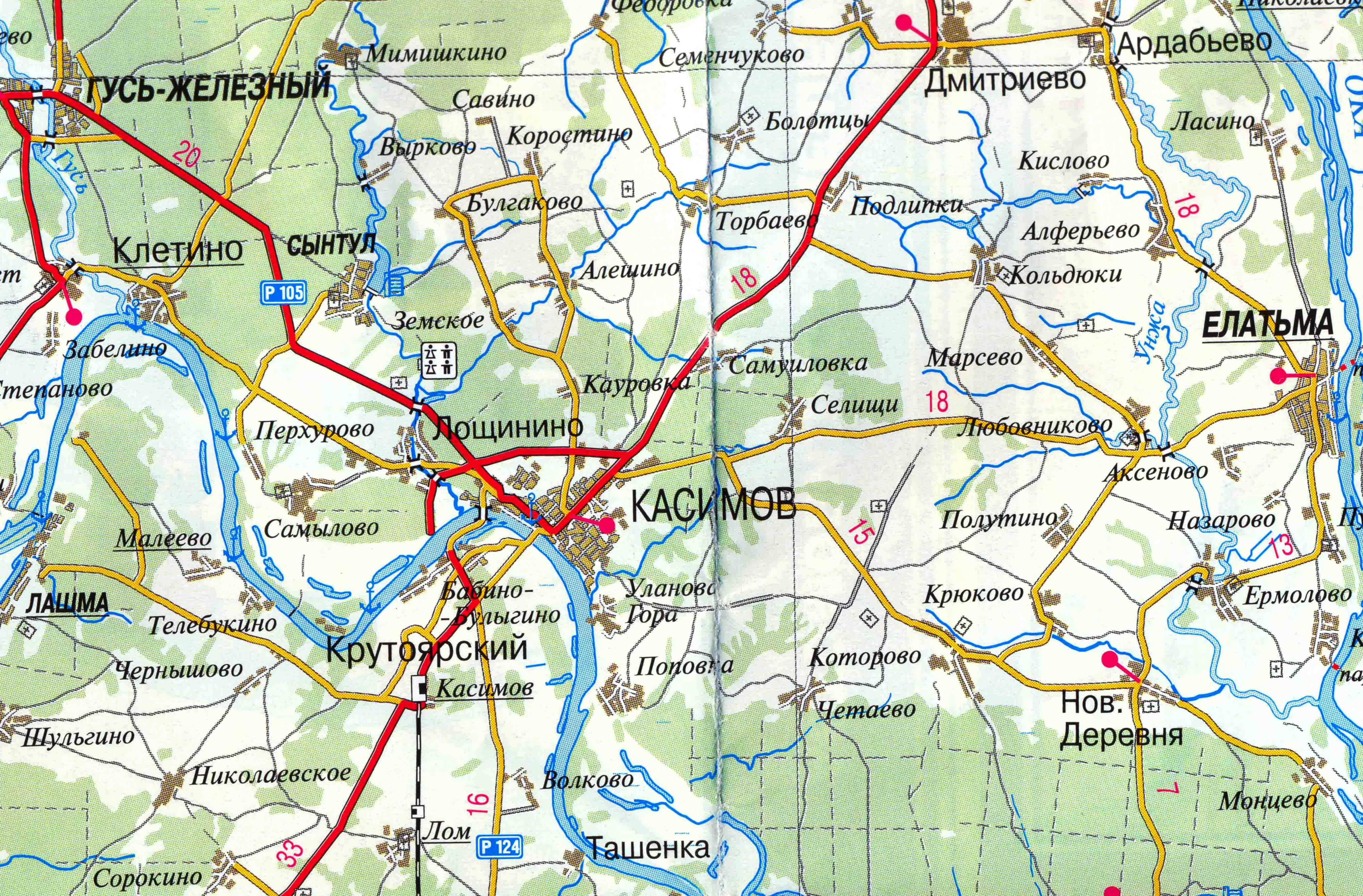 Карта Касимовского района Рязанской области с населенными пунктами